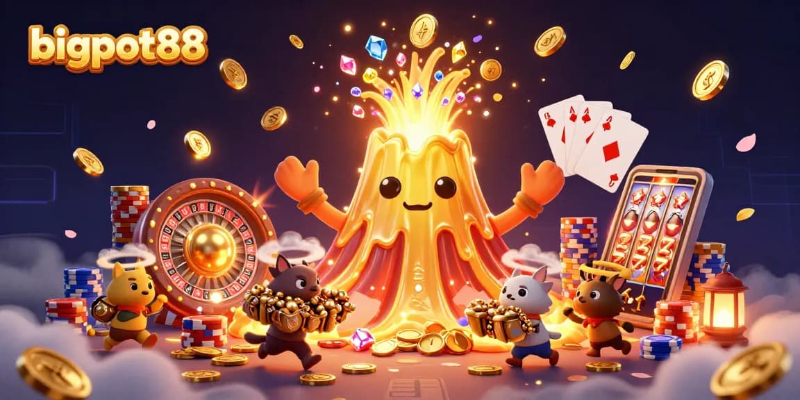 Experience bigpot88 thrills with golden coins and a triumphant golden volcano in a rich casino scene.