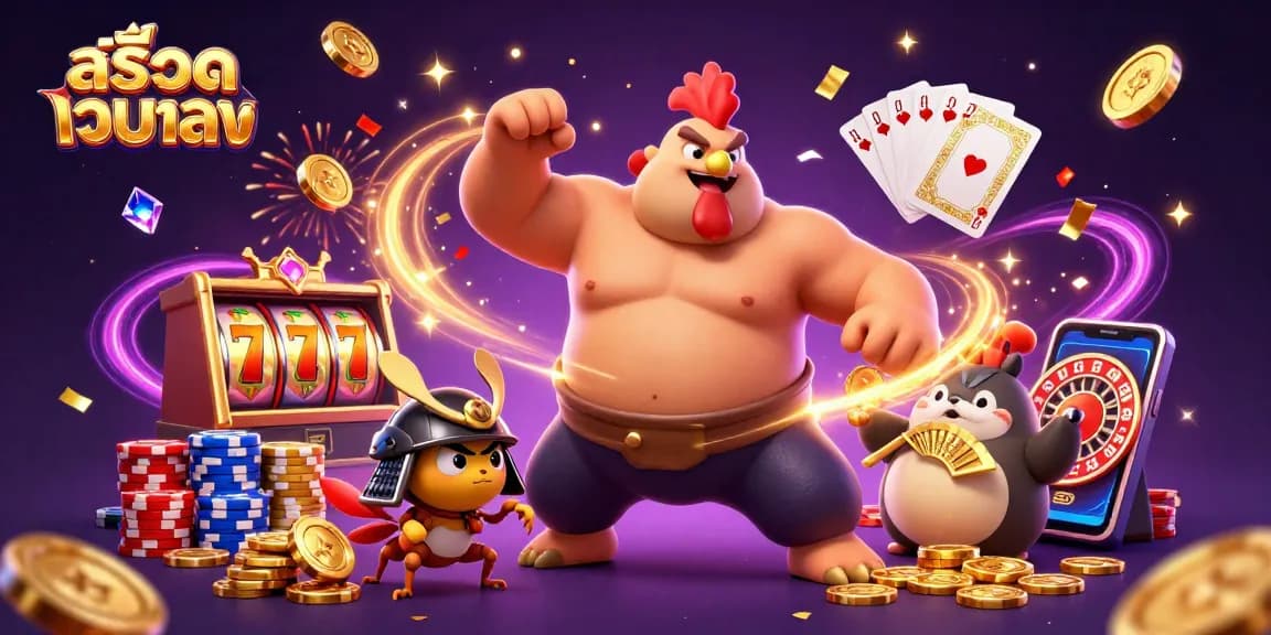 Experience excitement at สล็อตเว็บตรง with a vibrant 3D casino scene featuring a powerful sumo wrestler rooster and a fierce cricket.