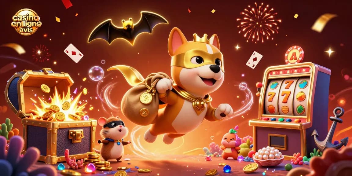 Visez de grands gains avec les avis de casinos en ligne dans une illustration dynamique et festive.