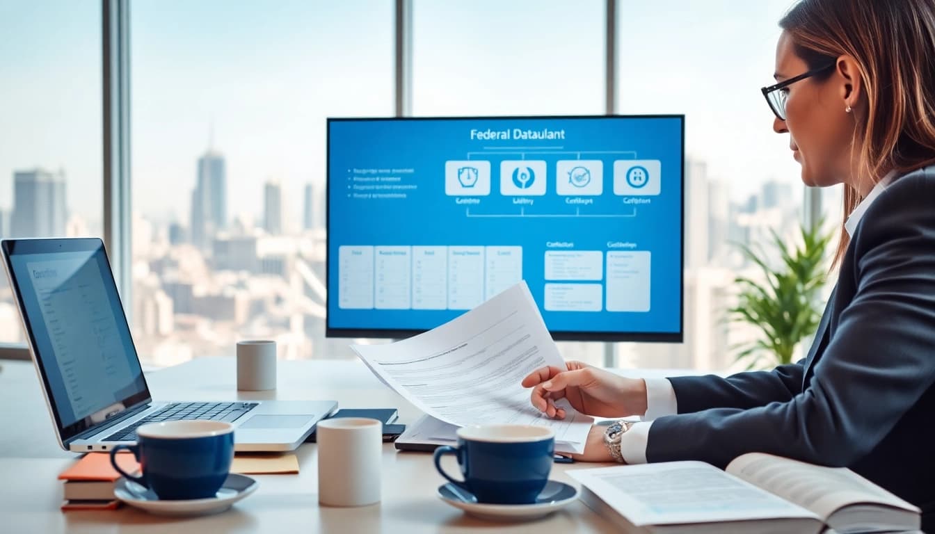 Consultant navigating registration and certification in Federal databases with analytical tools in a bright office.