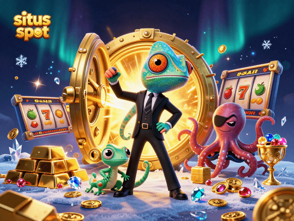 Explore the dynamic world of situs slot with 3D characters amidst vibrant casino elements.