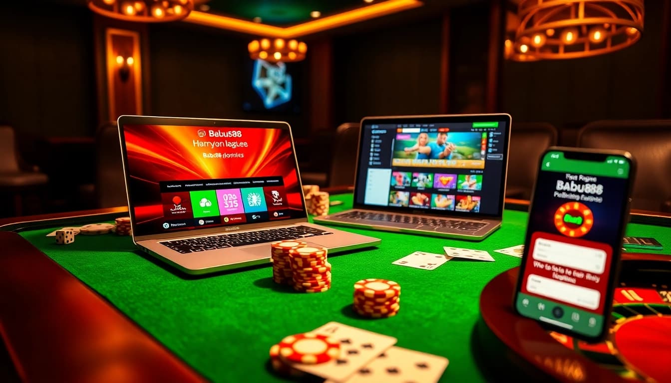 An engaging scene of online gambling showcasing Babu88.global with poker chips and a luxury casino feel.