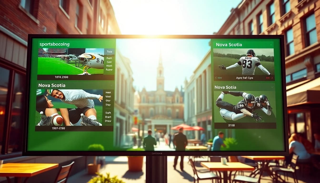 Discover top sportsbooks in Nova Scotia with dynamic digital displays and vibrant urban scenery