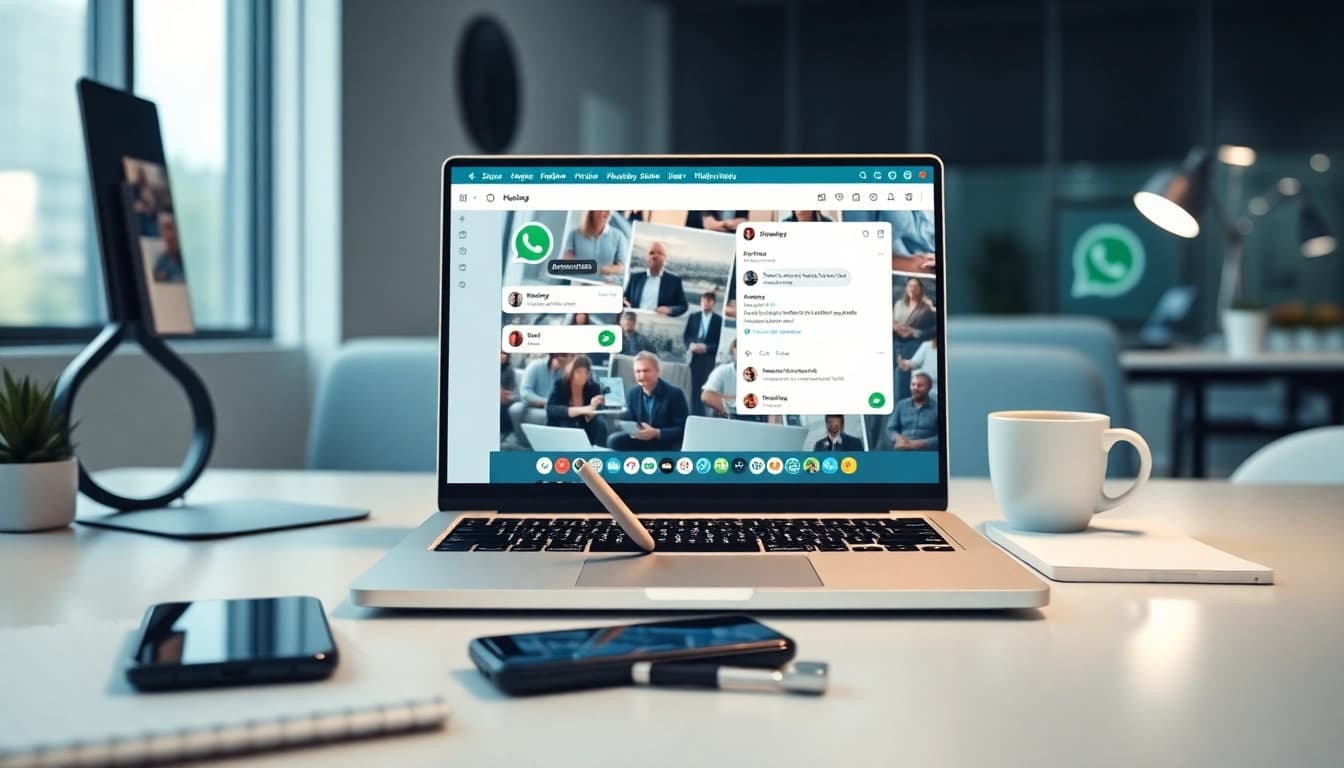 一个现代化工作区的细节视图，展示快连官网的 WhatsApp Web 消息功能，含用户互动与科技元素。