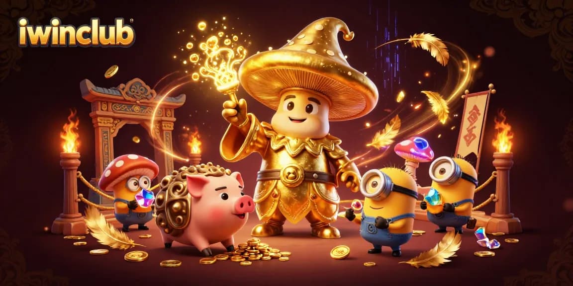 Experience dazzling treasures with iwinclub's golden wizard and friends in an intricate casino-themed setting.