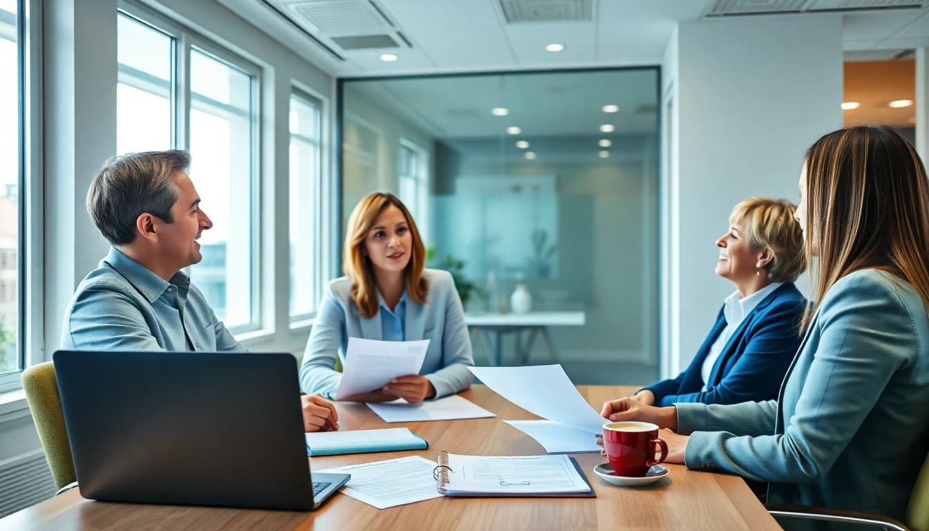 Engaging conversation about debt collection uk strategies in a professional office.