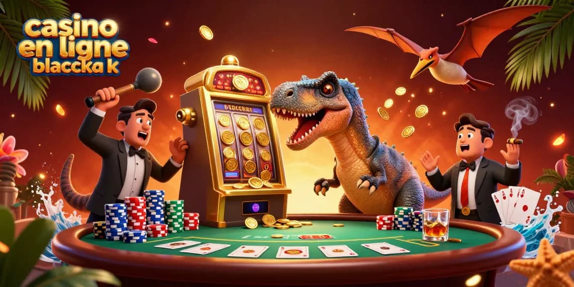 Jouer au casino en ligne blackjack avec des jetons et des cartes au milieu d'une scène ludique et animée.