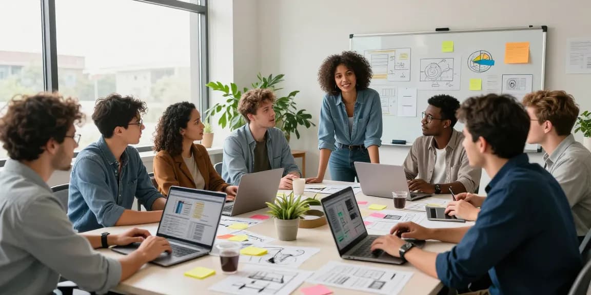Team collaboration around a mixboard in a modern office, showcasing vibrant discussions and innovative ideas.