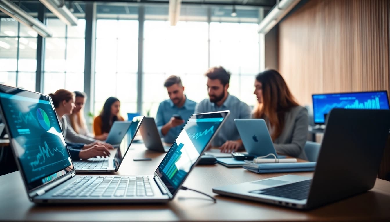 Harnessing Technology in a modern office with diverse teams collaborating on digital devices.