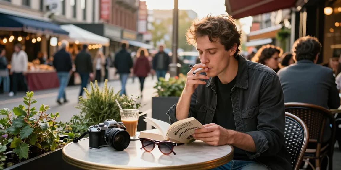 Enjoying rokok88 cigarette outdoors at a trendy cafe.