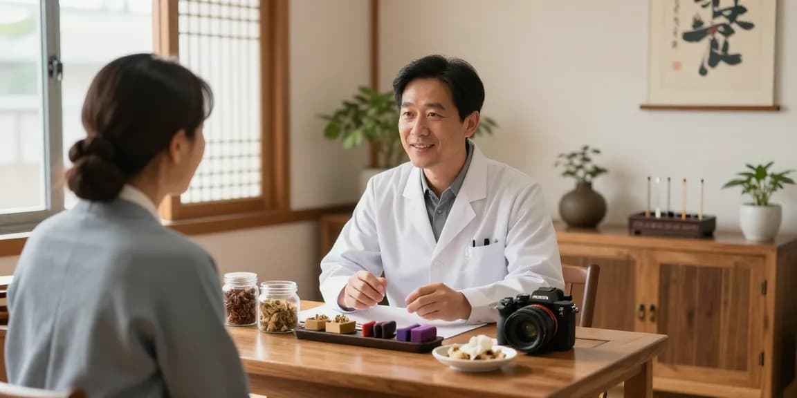 Patient consultation at 수원한의원, showcasing caring approach and herbal remedies.