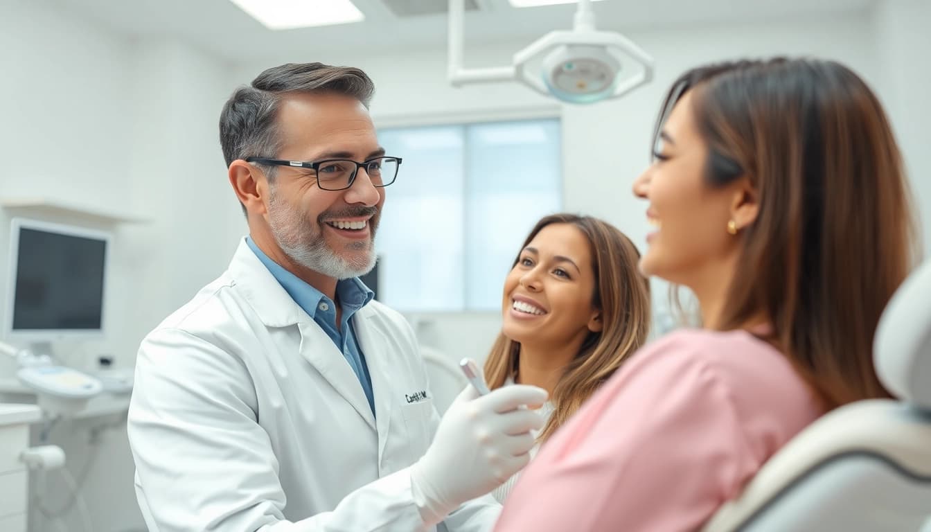 Dentist consulting with a patient in a modern dental clinic, showcasing care and professionalism.