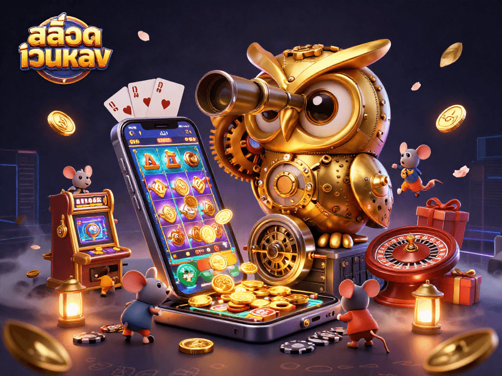 Engage with สล็อตเว็บตรง as a golden owl and wind-up mice explore a vibrant casino scene.