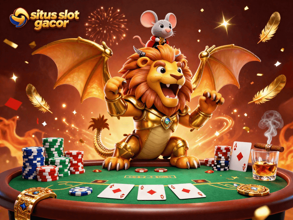Experience the excitement of situs slot gacor with a dynamic 3D casino scene featuring a victorious chimera and poker elements.