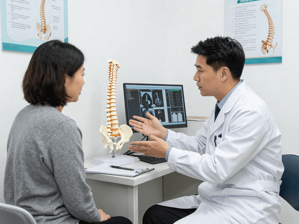 Boyun fıtığı ameliyatı consultation where a doctor explains treatment options to a patient.