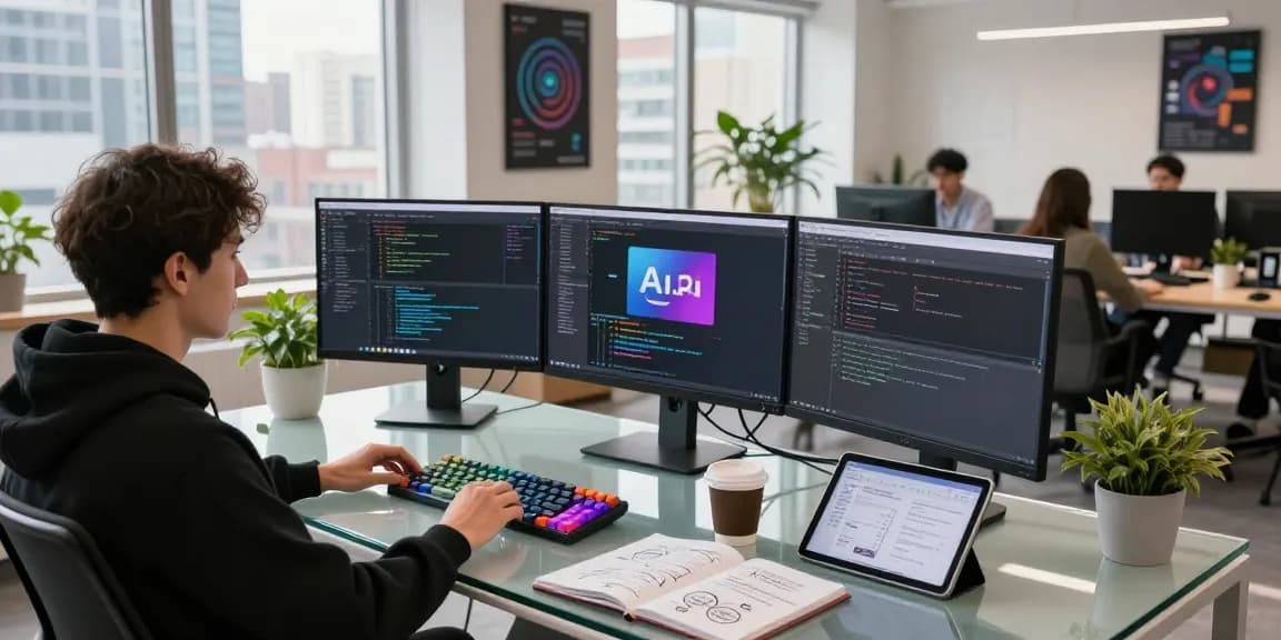 Engaging workspace showcasing a Kobold AI developer at work with advanced technology.