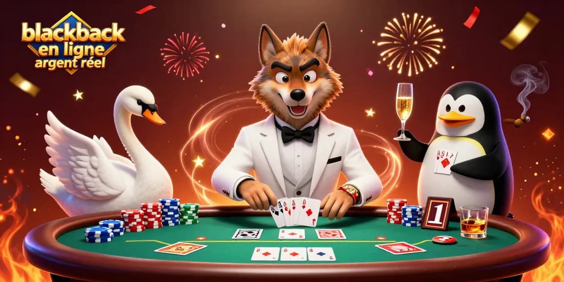 Jouez au blackjack en ligne argent réel avec des personnages animés élégants et des éléments de casino captivants.