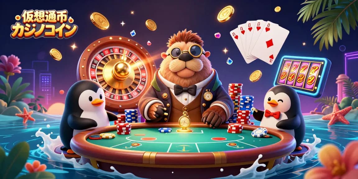 仮想通貨カジノコインのゲームシーンで、ウォルラスがポーカーを楽しんでいる3Dイラスト