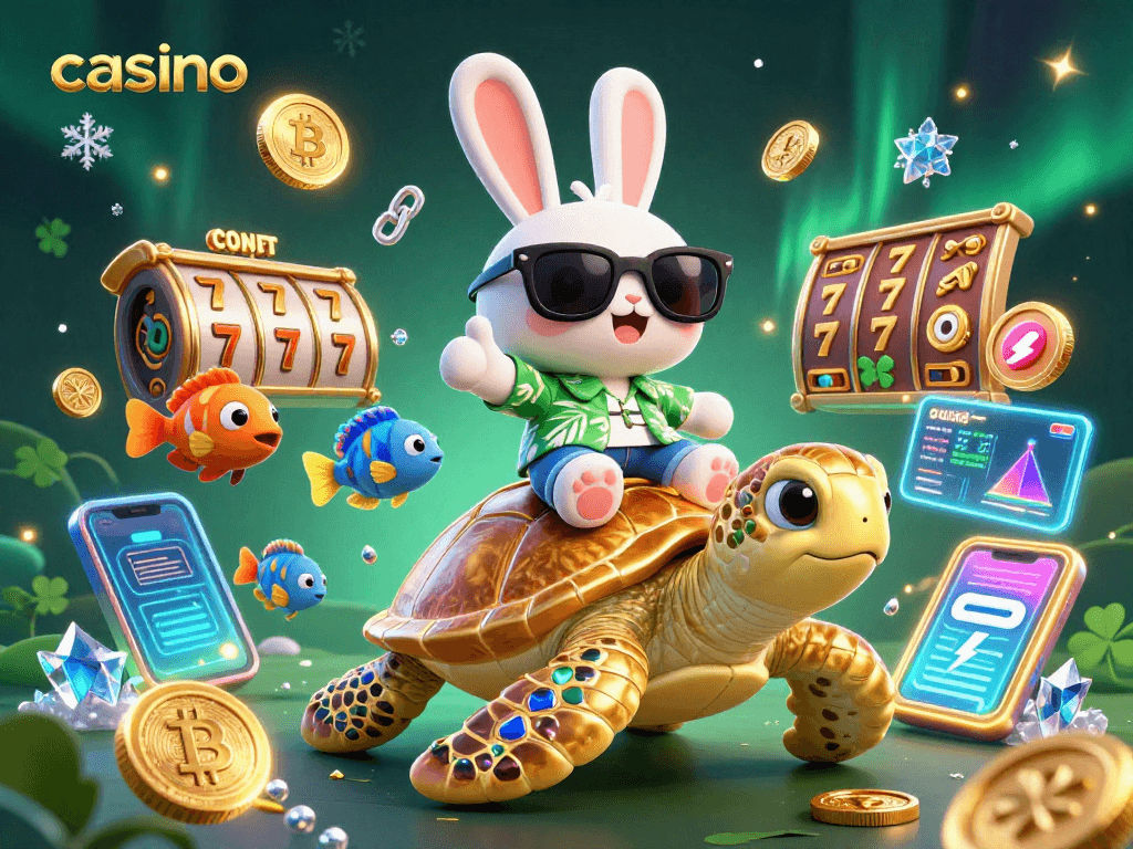 Engage in the casino adventure with a lucky rabbit and golden sea turtle amidst vibrant crypto elements.