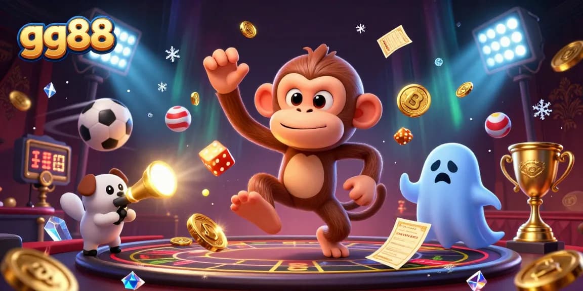 Engage in thrilling gameplay at gg88, featuring a dynamic 3D casino illustration with lively characters and casino elements.