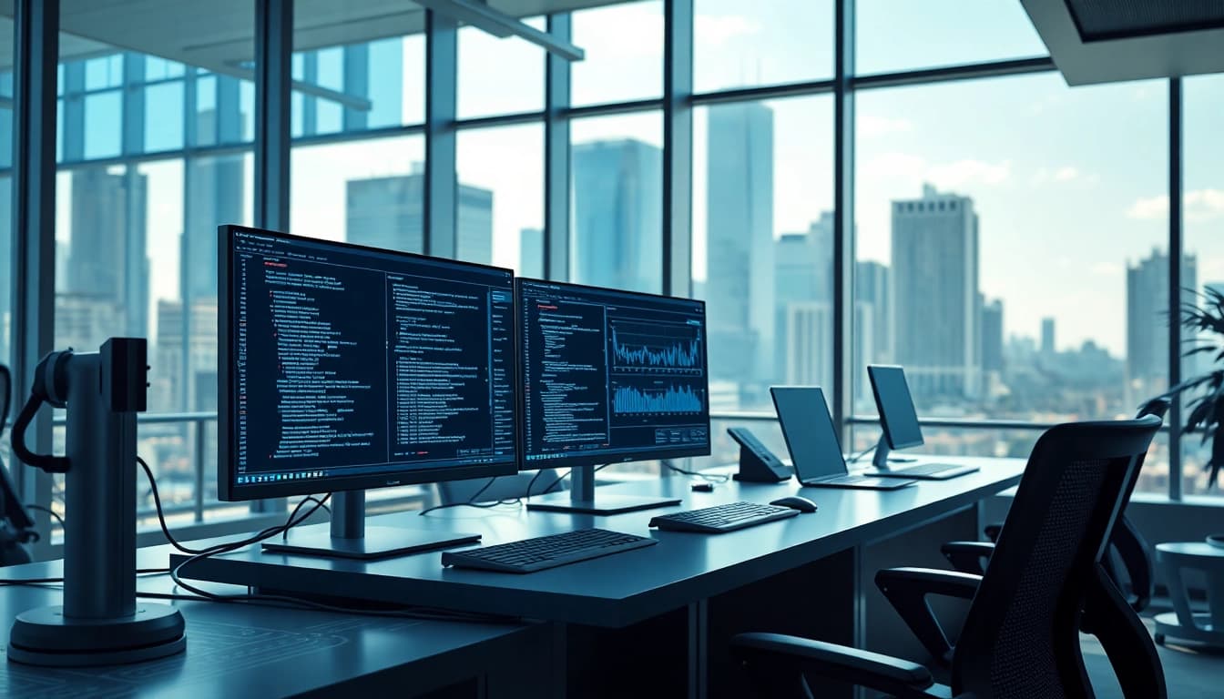 EORMC AI blockchain development visualization with innovative tech and analytical tools in a vibrant office space.