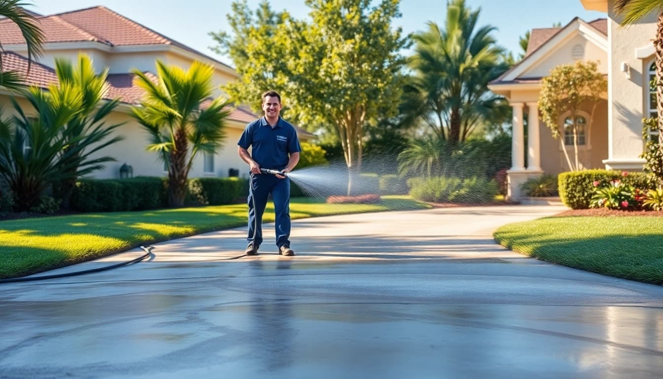 Concrete cleaning service in action, showcasing a professional team revitalizing a driveway with a pressure washer.