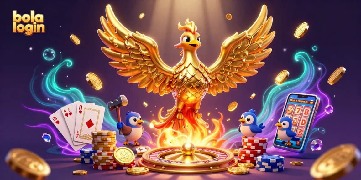 Bet on sports with bola login as golden phoenix and coins shine in a dynamic 3D scene.