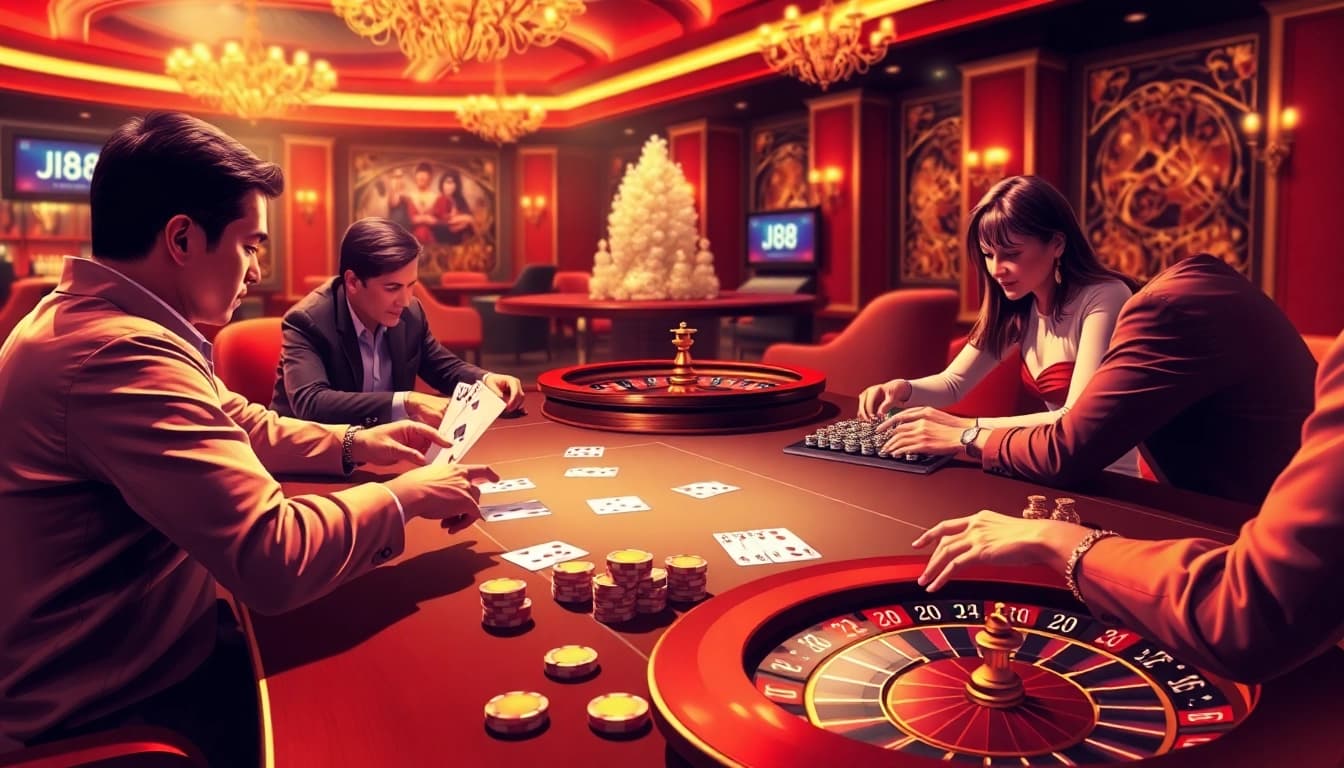 Experience the thrill of J88 gaming at a luxurious casino table with vivid poker action.