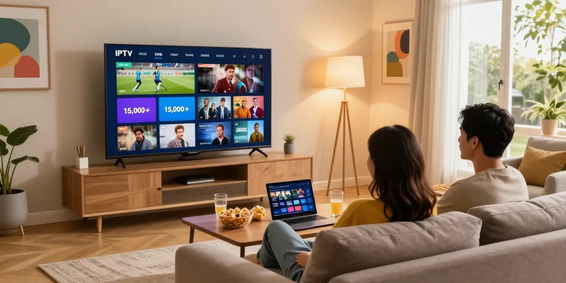 Couple enjoying IPTV subscription reviews by watching diverse channels in a cozy living room.