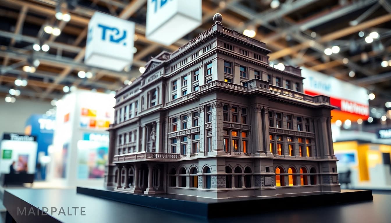 Messemodell in einem gut beleuchteten Messeumfeld zeigt detaillierte architektonische Merkmale.