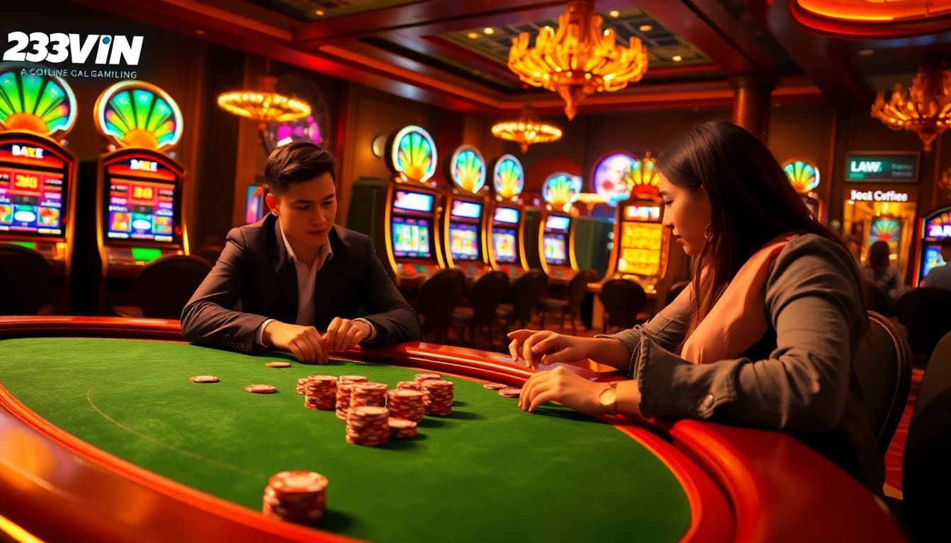 Players enjoying thrilling poker action at 23win.hiphop's luxurious online casino tables.