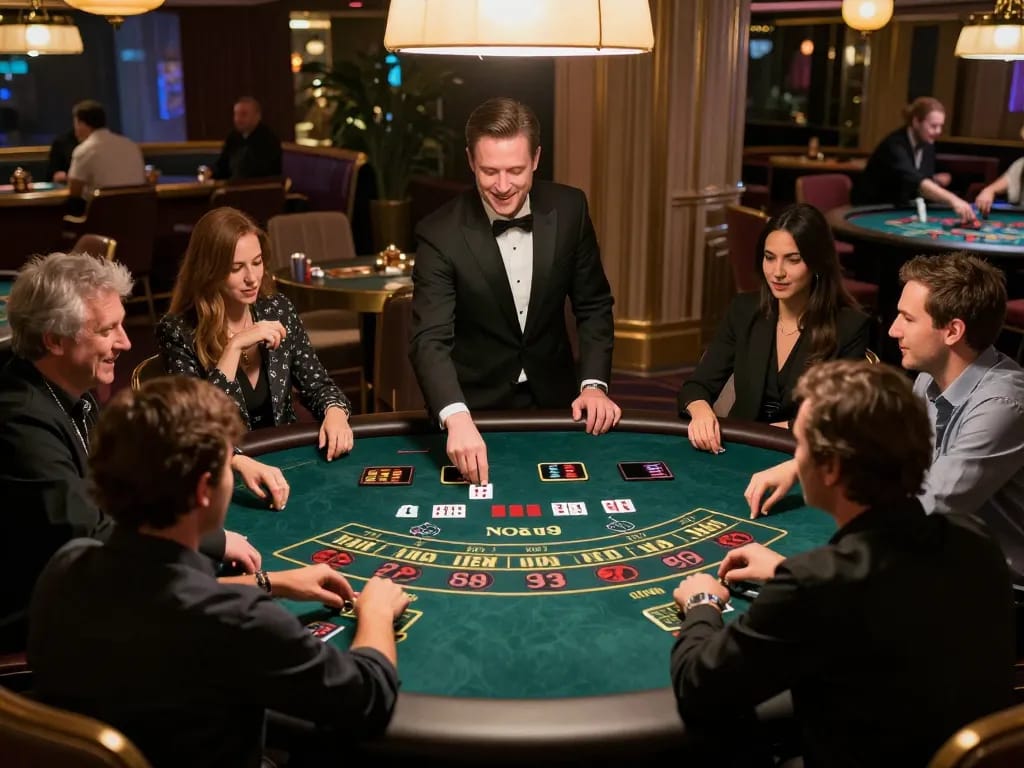 Nohu90 players experiencing live dealer excitement during a game of baccarat at a luxurious online casino.