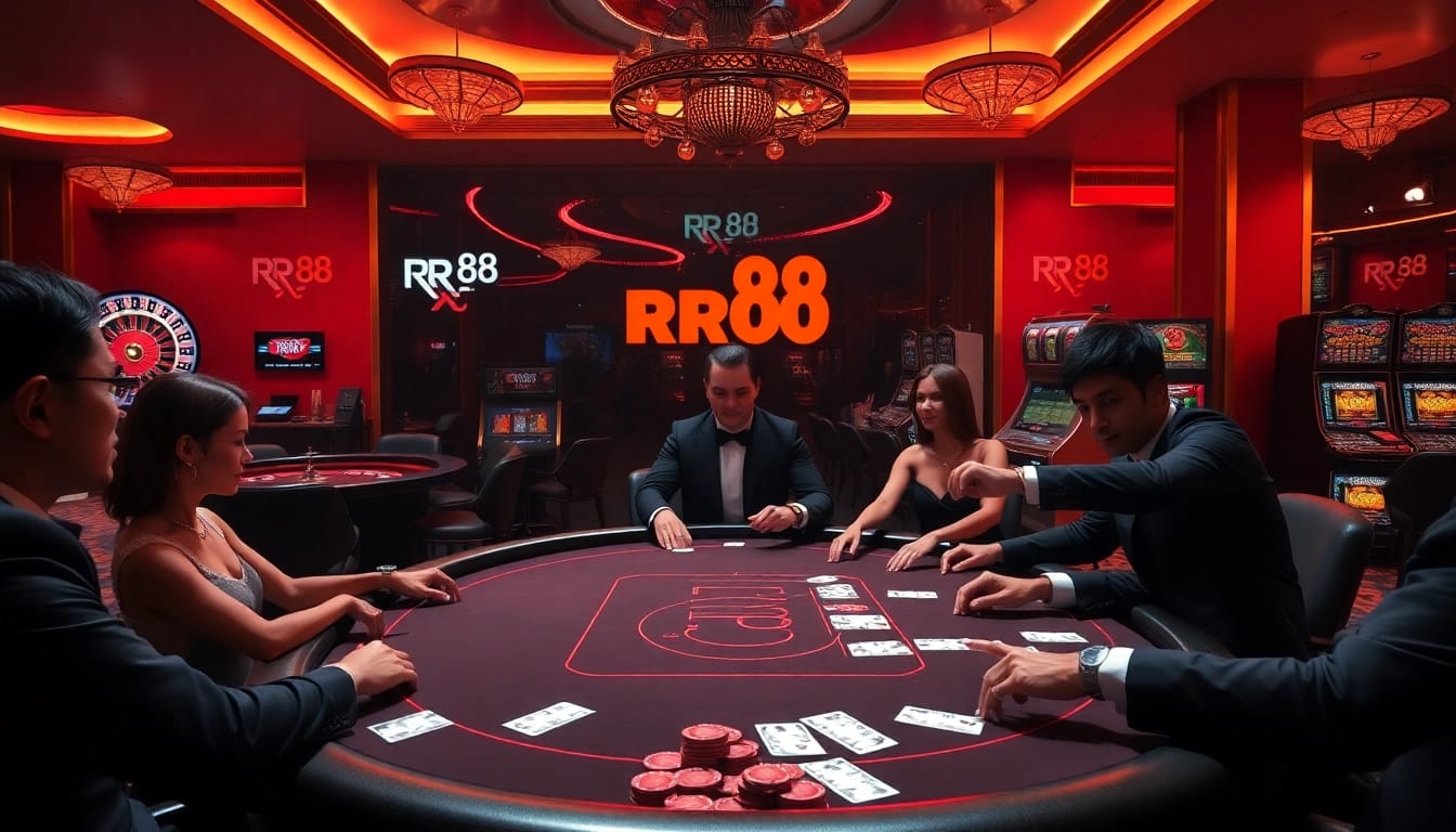 RR88 poker players strategizing at a luxurious casino table, reflecting excitement and professionalism.