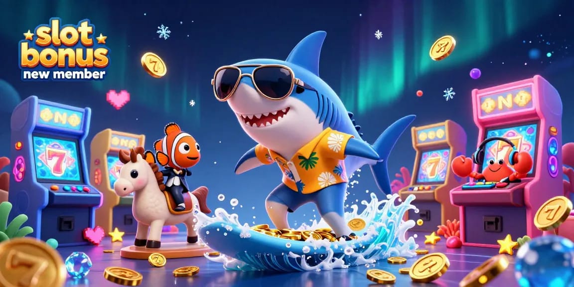 Claim your slot bonus new member with vibrant casino-themed illustration featuring fun characters playing slots.