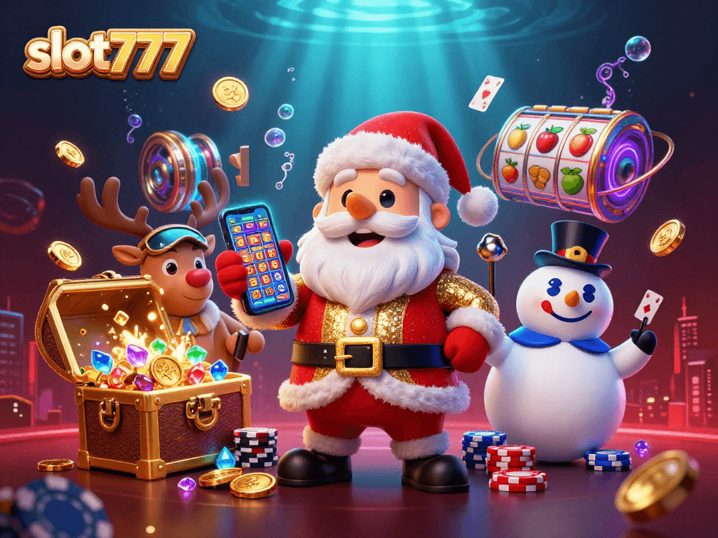 Experience the thrill of slot777 with Santa celebrating a jackpot in a vibrant casino scene.