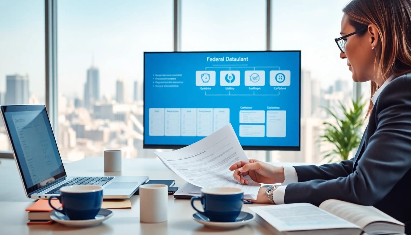 Consultant navigating registration and certification in Federal databases with analytical tools in a bright office.