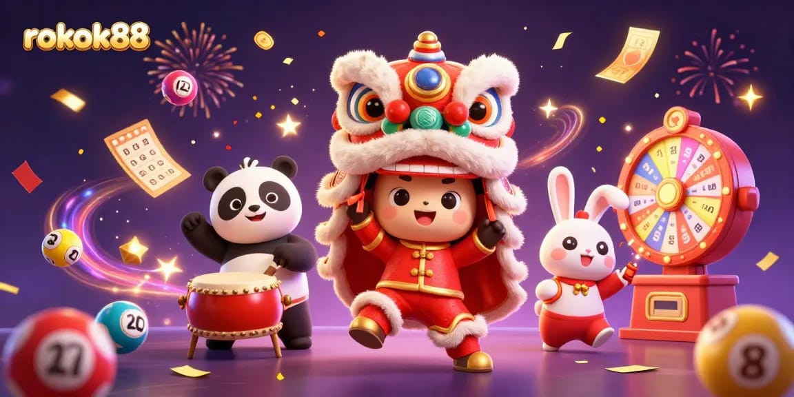 Engage in exciting gambling moments with rokok88 amidst colorful lottery elements and celebratory characters.