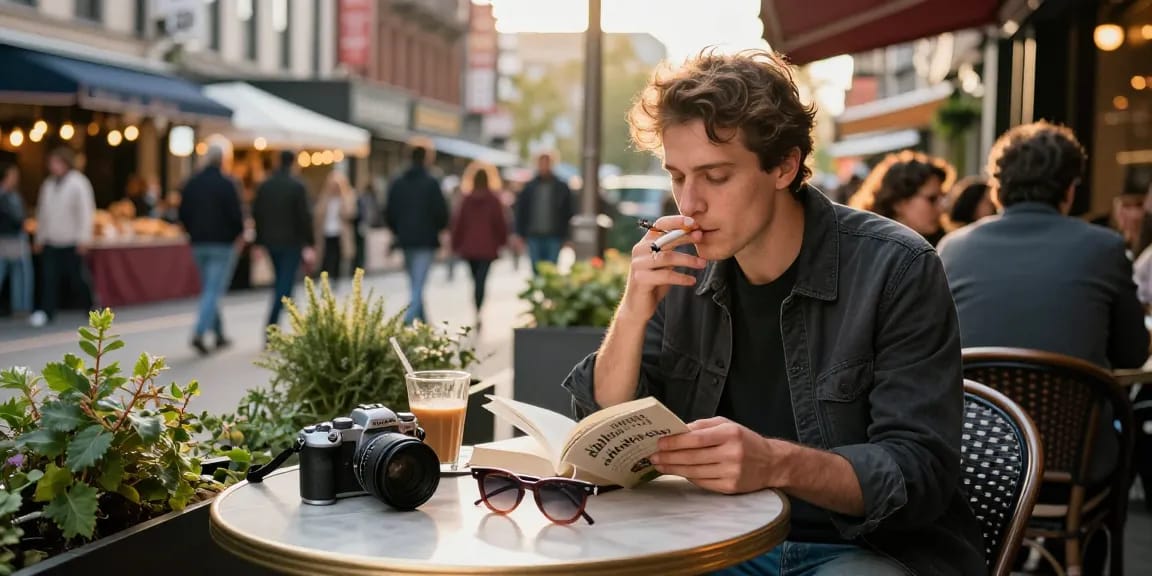 Enjoying rokok88 cigarette outdoors at a trendy cafe.