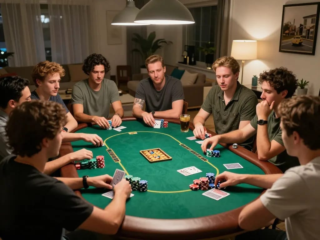 The hidden wiki poker night scene with friends engaged in a strategic Texas Hold'em game around a round table.