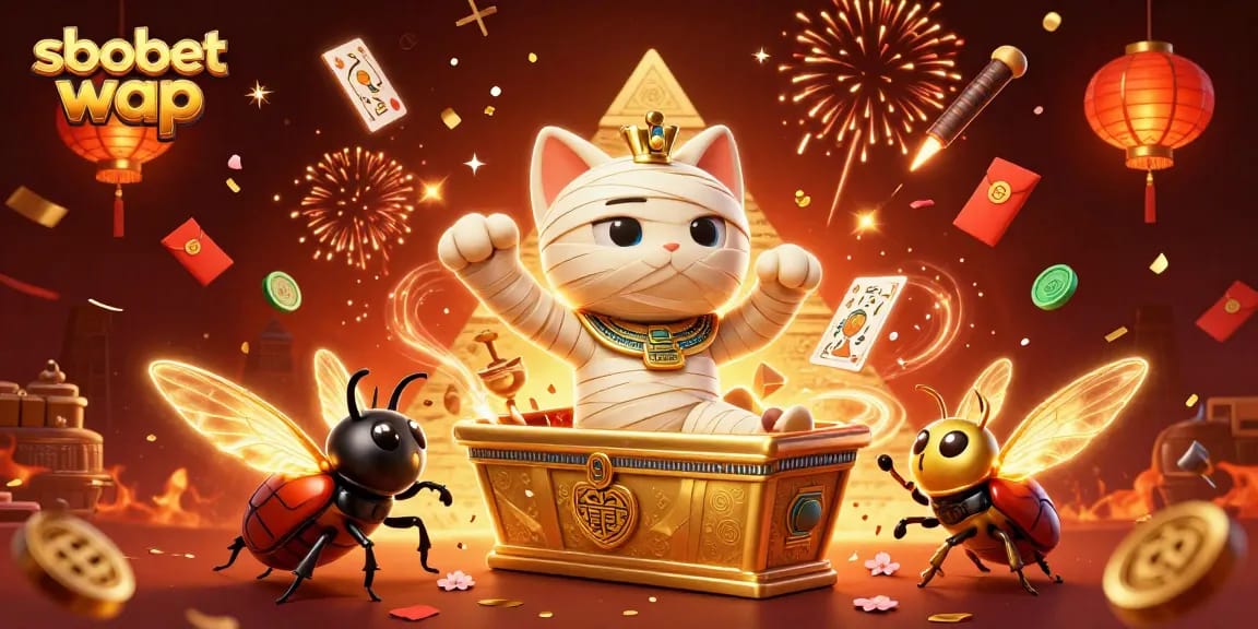 Experience sbobet wap with a vibrant depiction of a mummy cat and scarab beetle in a rich casino scene.