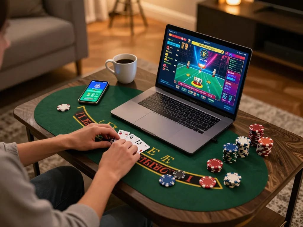 Experience thrilling blackjack with vip99win on a stylish home gaming setup, showcasing modern online casino gameplay.