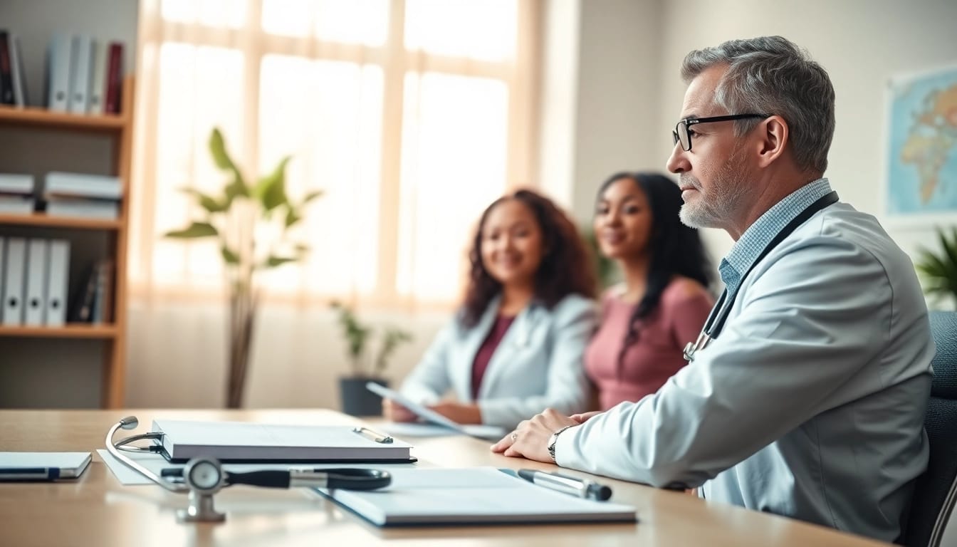 Engaging private gp consultation with diverse patient in a bright, professional office setting.