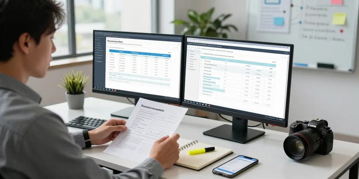 Business analyst using technology to detect fake invoices in a modern office setting