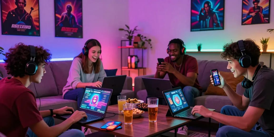 Friends enjoying free porn games together in a lively gaming room atmosphere with snacks and devices.
