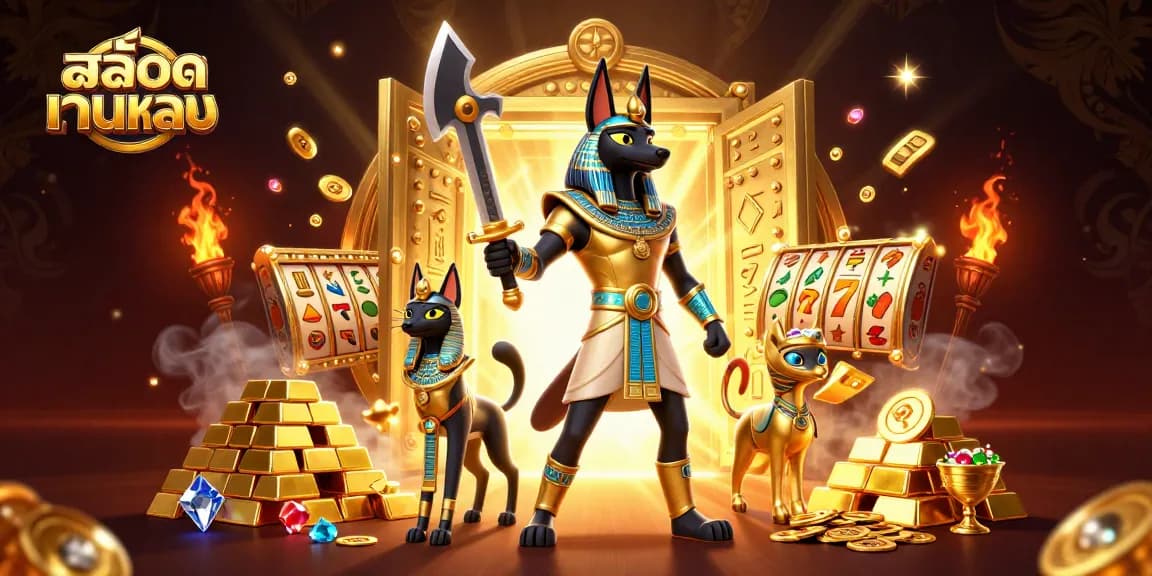 Play exciting สล็อตเว็บตรง games with Anubis and Bastet amid treasures, coins, and slot reels.