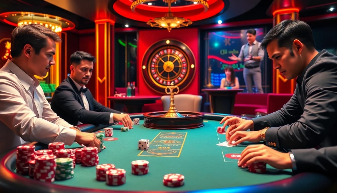 Experience the excitement of RR88 at a luxurious poker table with vibrant chips and intense players.