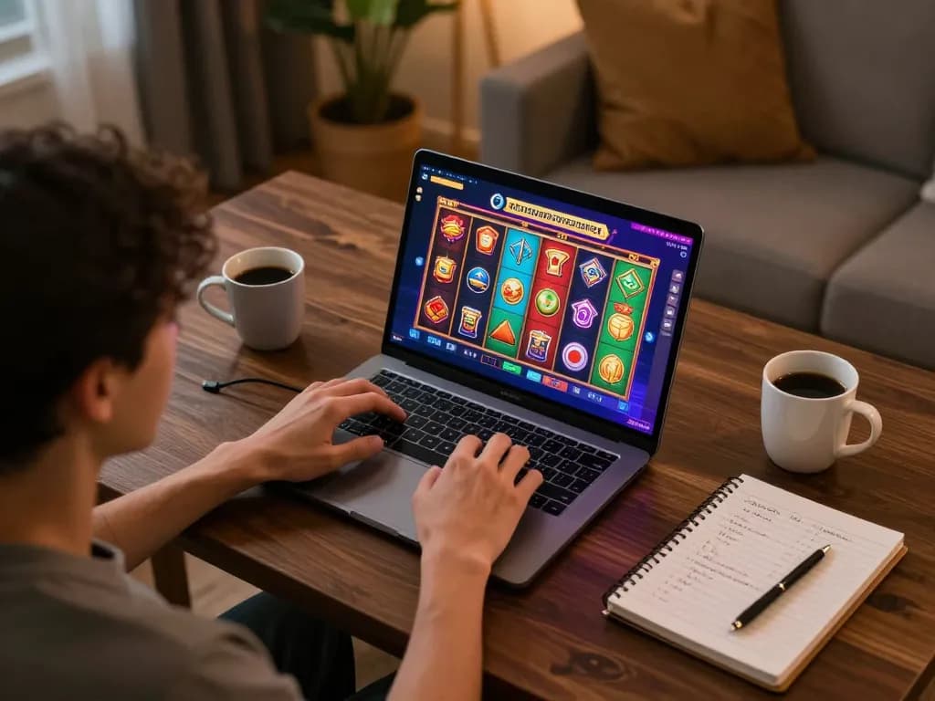 Experience ทดลองเล่นสล็อต online with colorful reels and winning symbols in a cozy home gaming setting.