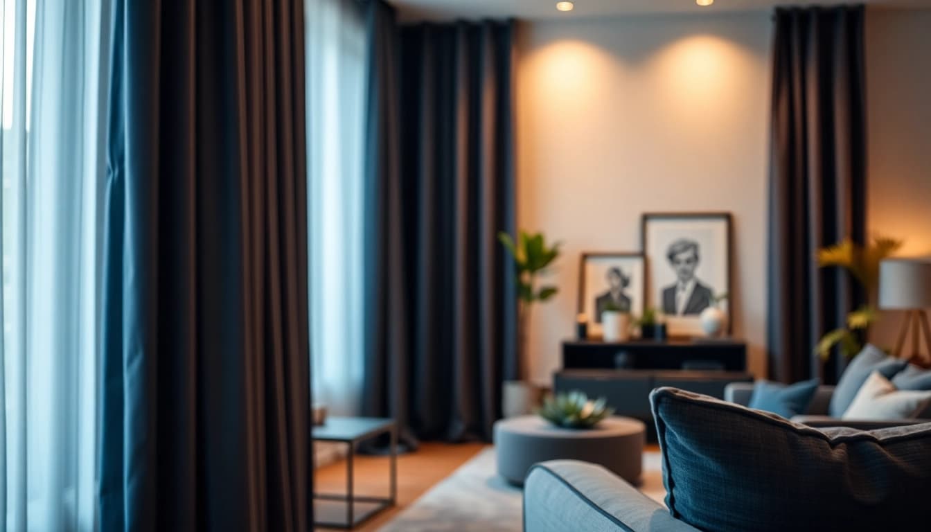 Verduisterende gordijnen in een sfeervolle woonkamer, perfect voor optimale lichtbeheersing.