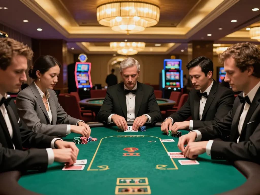 The hidden wiki metaphor for card strategy as players engage in a high-stakes poker game at an upscale casino table.