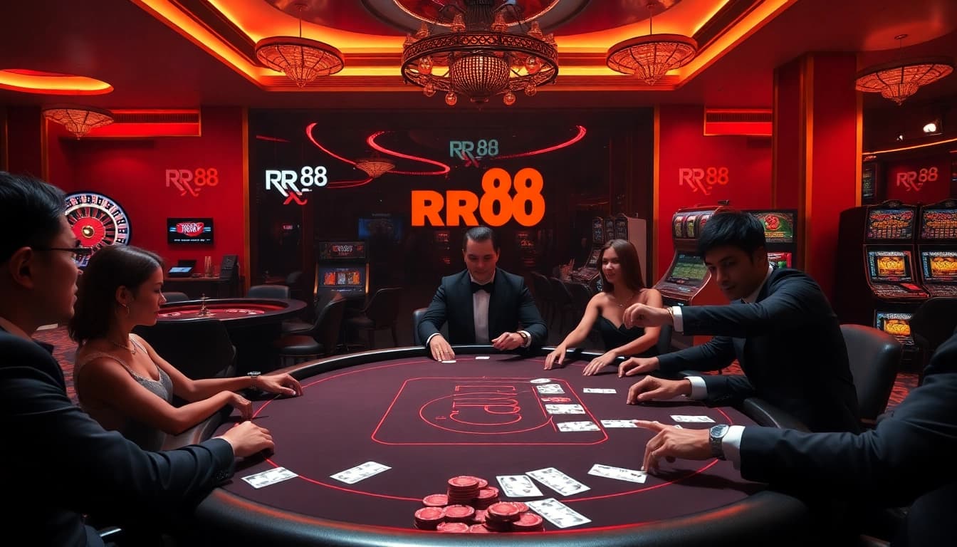 RR88 poker players strategizing at a luxurious casino table, reflecting excitement and professionalism.